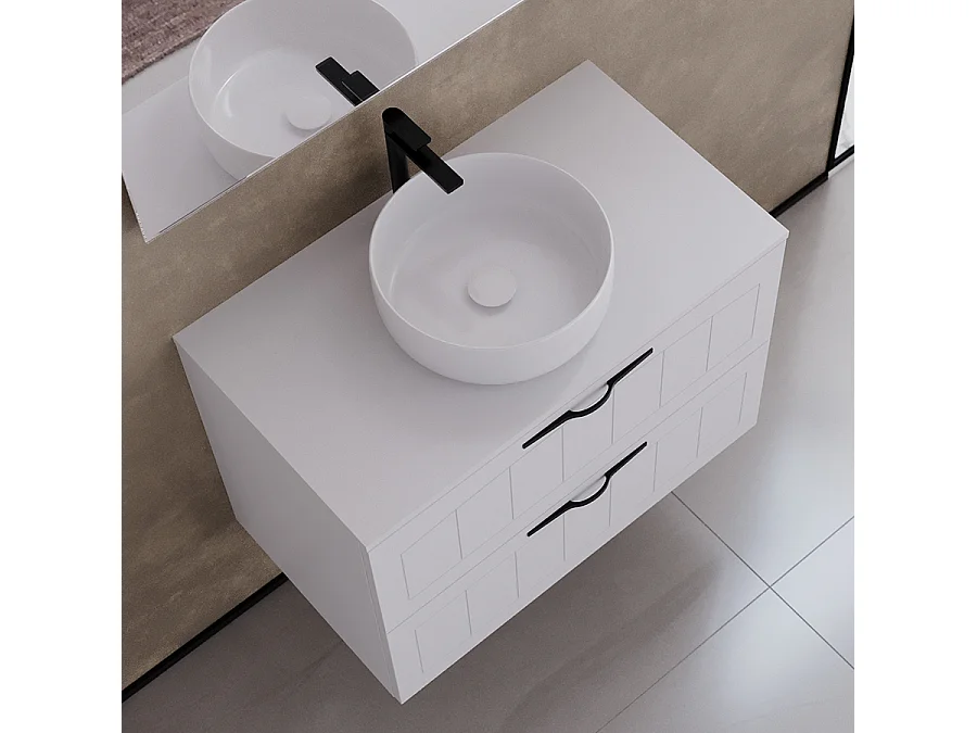 Meuble de salle de bain 70cm avec plateau et vasque à poser ronde - 2 tiroirs - sans miroir - blanc - PIA