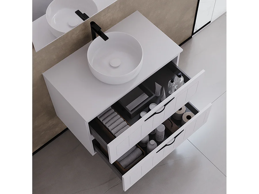 Meuble de salle de bain 70cm avec plateau et vasque à poser ronde - 2 tiroirs - sans miroir - blanc - PIA
