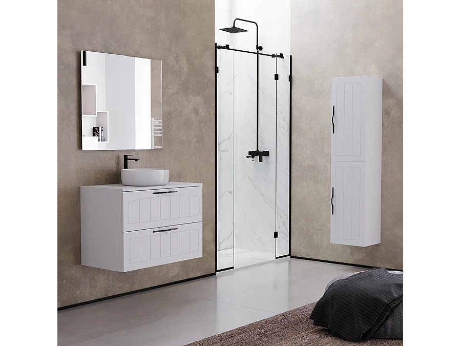 Meuble de salle de bain 70cm avec plateau et vasque à poser ronde - 2 tiroirs - sans miroir - blanc - PIA