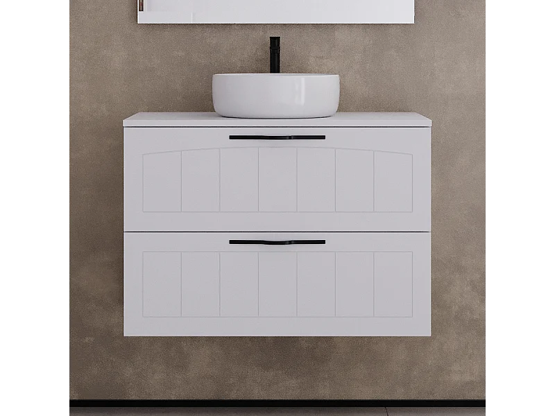 Meuble de salle de bain 70cm avec plateau et vasque à poser ronde - 2 tiroirs - sans miroir - blanc - PIA