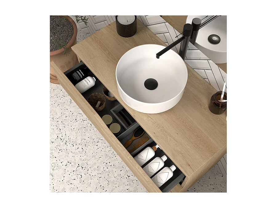 Meuble de salle de bain 70cm avec plateau et vasque à poser - 3 tiroirs - madera miel (bois clair) - MATA