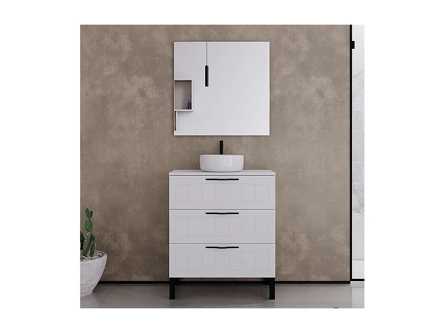 Meuble de salle de bain 70cm avec plateau et vasque à poser ronde - 3 tiroirs - blanc - CALA