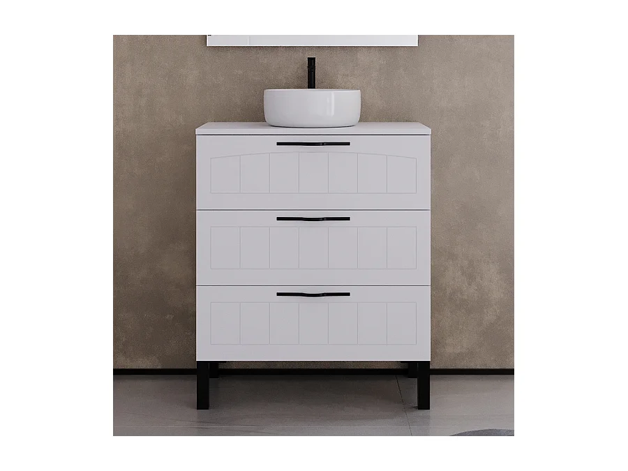 Meuble de salle de bain 70cm avec plateau et vasque à poser ronde - 3 tiroirs - blanc - CALA