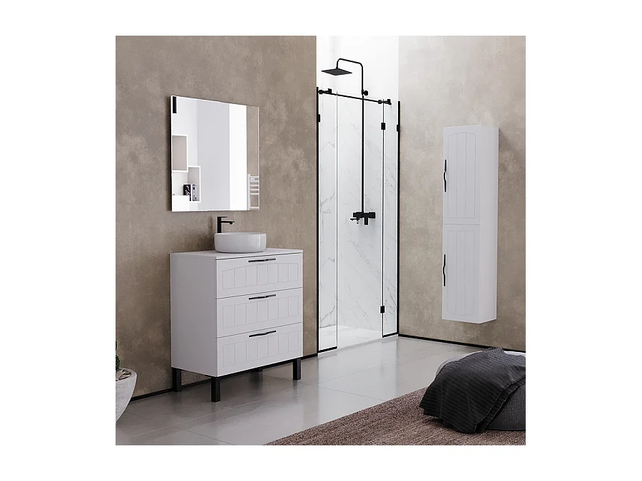 Meuble de salle de bain 70cm avec plateau et vasque à poser ronde - 3 tiroirs - blanc - CALA