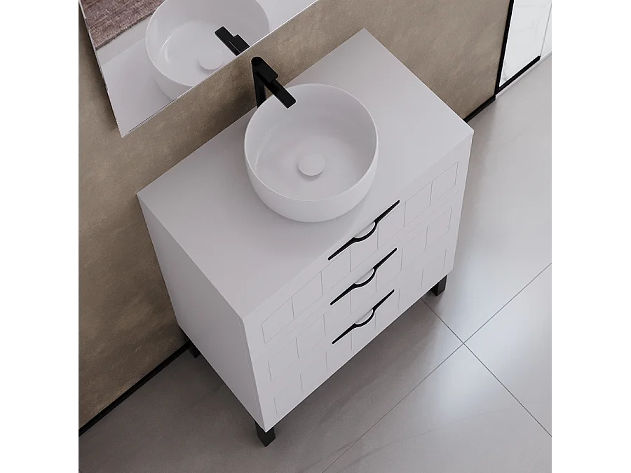 Meuble de salle de bain 70cm avec plateau et vasque à poser ronde - 3 tiroirs - blanc - CALA