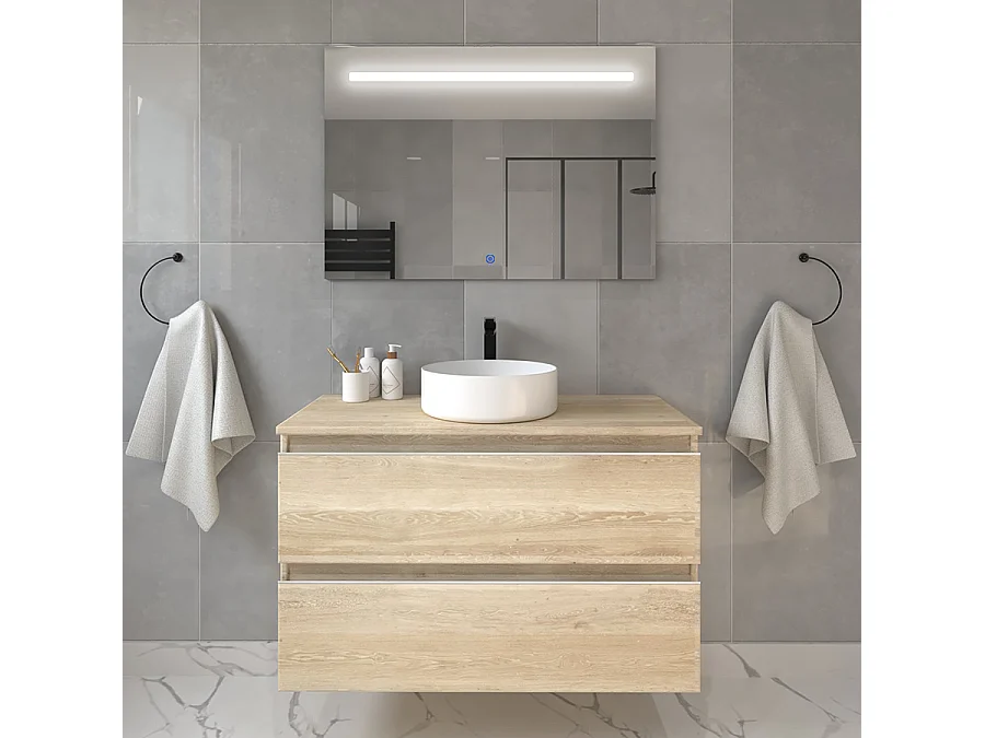 Meuble de salle de bain avec vasque à poser ronde BALEA et miroir Led STAM - Bambou (chêne clair) - 100cm