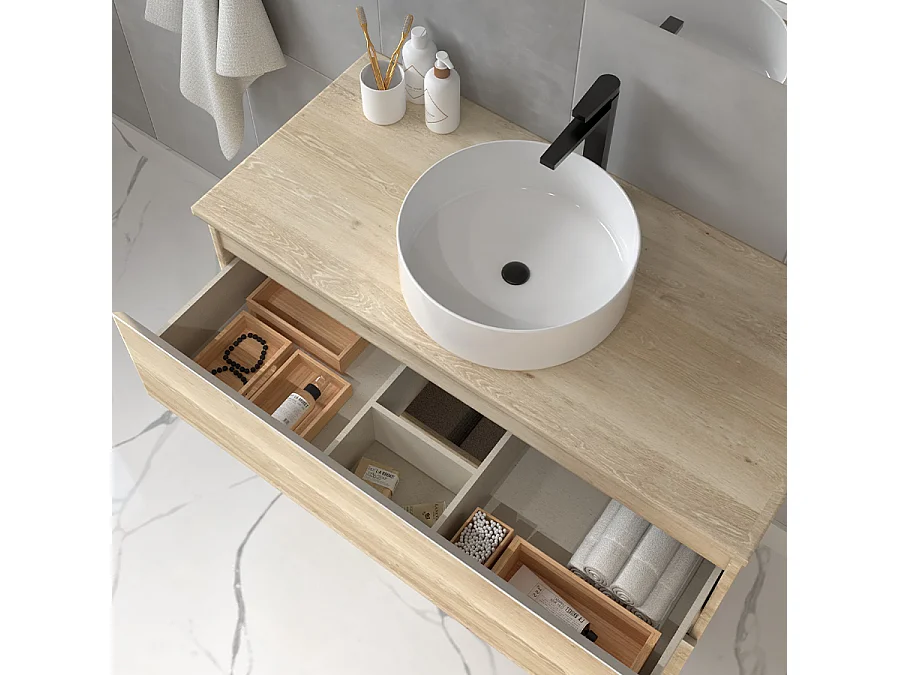 Meuble de salle de bain avec vasque à poser ronde BALEA et miroir Led STAM - Bambou (chêne clair) - 100cm