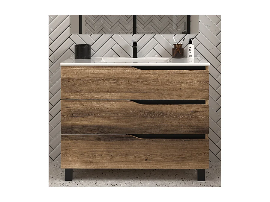Meuble de salle de bain 90cm simple vasque - 3 tiroirs - sans miroir - tabaco (chêne foncé) - MATA