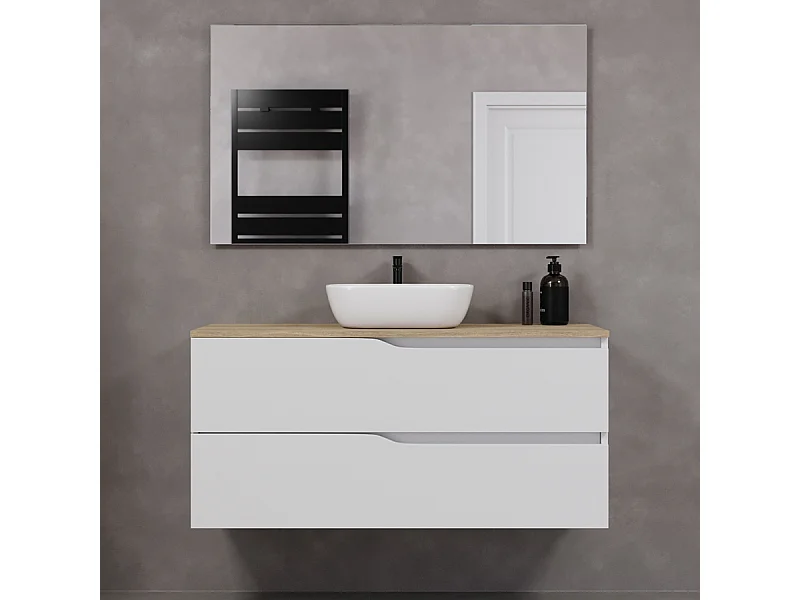 Meuble de salle de bain 120cm avec plateau miel et vasque à poser zeus - 2 tiroirs - blanc - LUNA