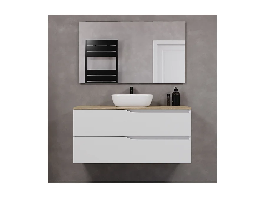 Meuble de salle de bain 120cm avec plateau miel et vasque à poser zeus - 2 tiroirs - blanc - LUNA