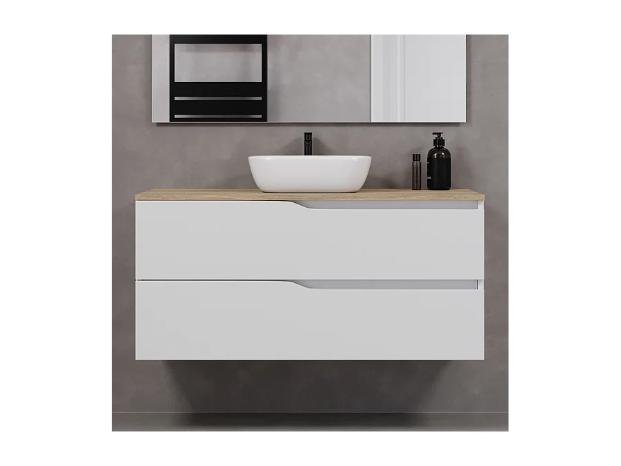 Meuble de salle de bain 120cm avec plateau miel et vasque à poser zeus - 2 tiroirs - blanc - LUNA