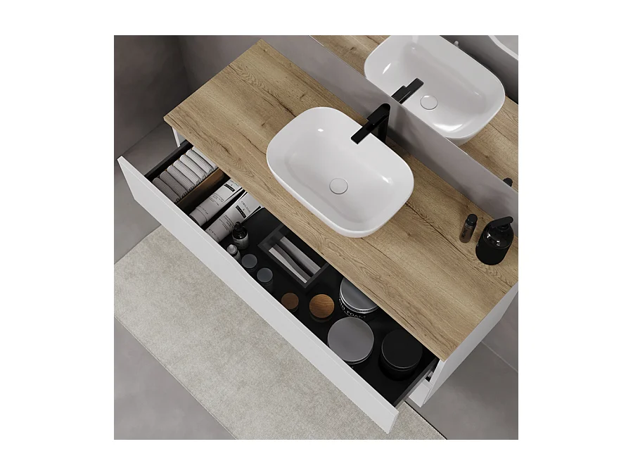 Meuble de salle de bain 120cm avec plateau miel et vasque à poser zeus - 2 tiroirs - blanc - LUNA