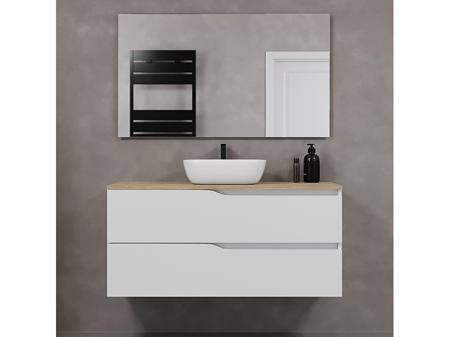 Meuble de salle de bain 120cm avec plateau miel et vasque à poser zeus - 2 tiroirs - blanc - LUNA