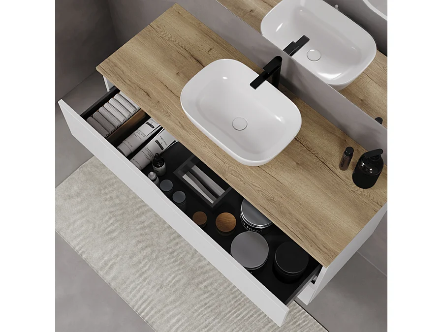Meuble de salle de bain 120cm avec plateau miel et vasque à poser zeus - 2 tiroirs - blanc - LUNA