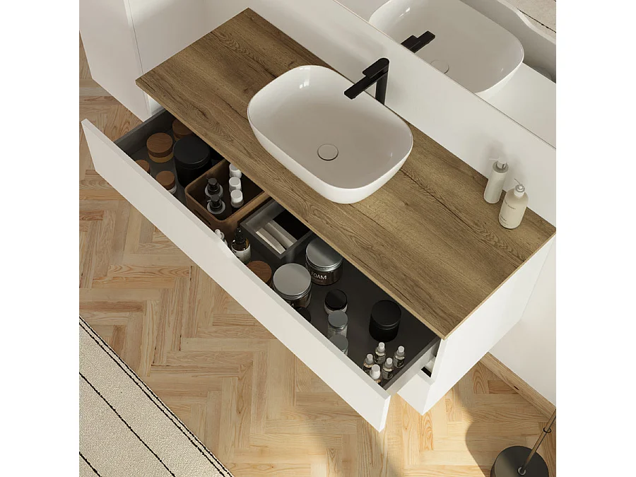Meuble de salle de bain 120cm avec plateau miel et vasque à poser zeus - 2 tiroirs - blanc - LUNA