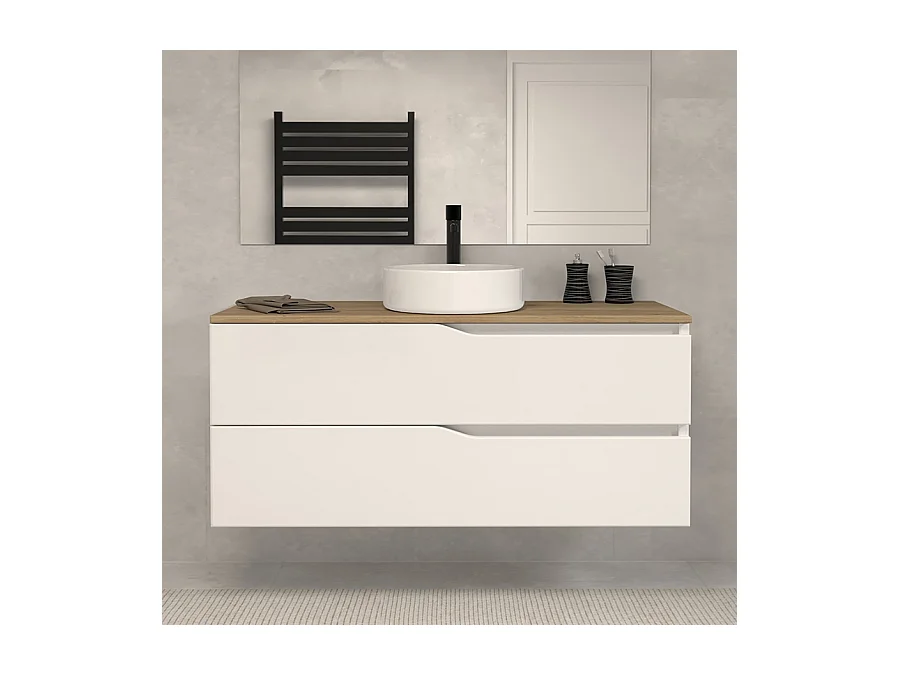Meuble de salle de bain 120 avec plateau miel et vasque à poser - sans miroir - 2 tiroirs - blanc - LUNA