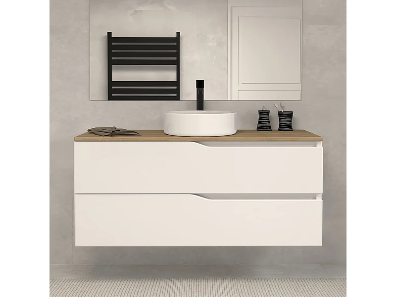 Meuble de salle de bain 120 avec plateau miel et vasque à poser - sans miroir - 2 tiroirs - blanc - LUNA