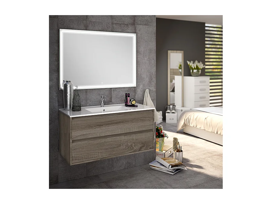 Meuble de salle de bain simple vasque - 2 tiroirs - IRIS et miroir Led VELDI - britannia (chêne foncé) - 80cm
