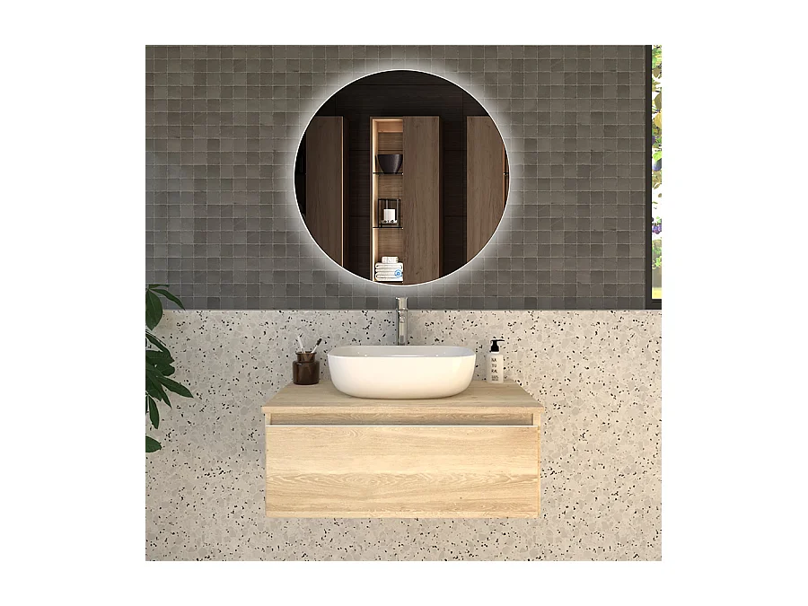 Meuble de salle de bain 1 tiroir avec vasque à poser arrondie PENA et miroir Led SOLEN - Bambou (chêne clair) - 80cm