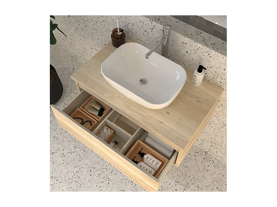 Meuble de salle de bain 1 tiroir avec vasque à poser arrondie PENA et miroir Led SOLEN - Bambou (chêne clair) - 80cm