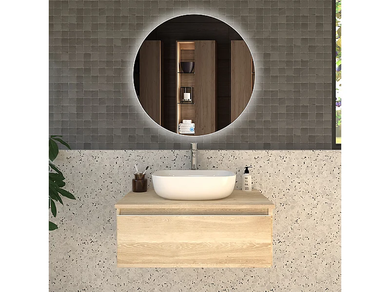 Meuble de salle de bain 1 tiroir avec vasque à poser arrondie PENA et miroir Led SOLEN - Bambou (chêne clair) - 80cm