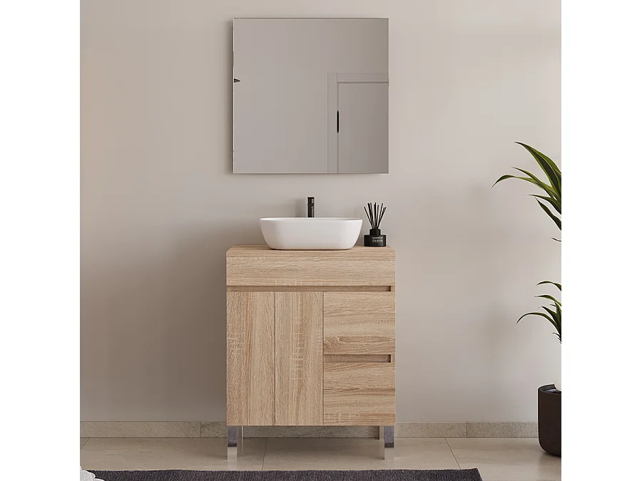 Meuble de salle de bain 70cm sur pieds avec plateau et une cuve à poser arrondie - portes et tiroirs - cambrian (chêne clair) - HARO