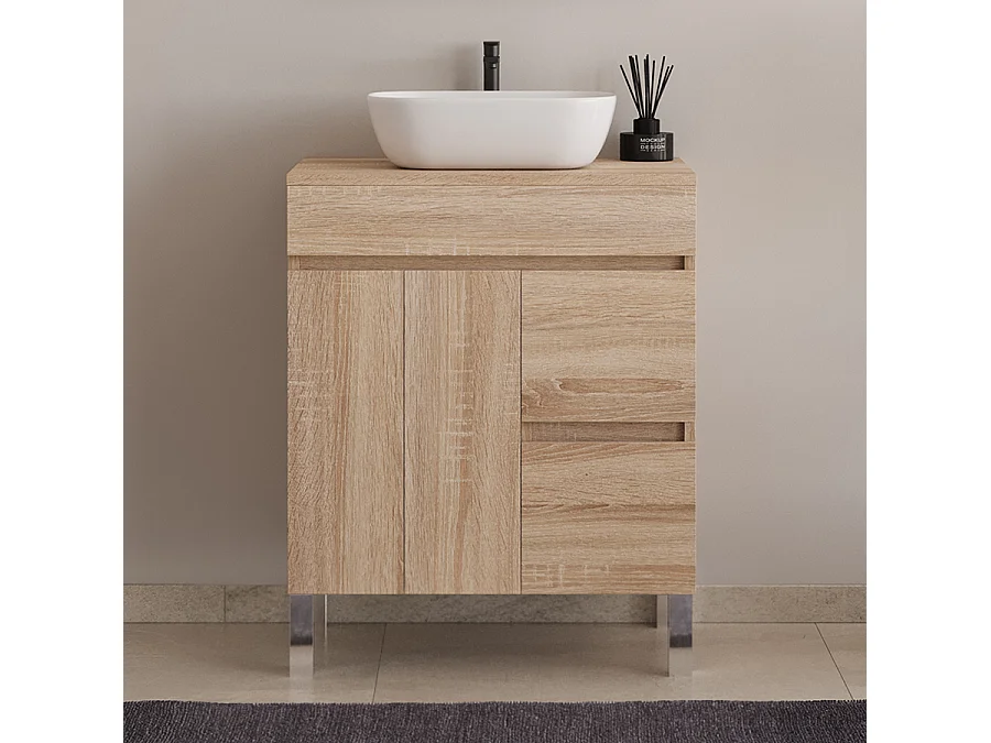 Meuble de salle de bain 70cm sur pieds avec plateau et une cuve à poser arrondie - portes et tiroirs - cambrian (chêne clair) - HARO