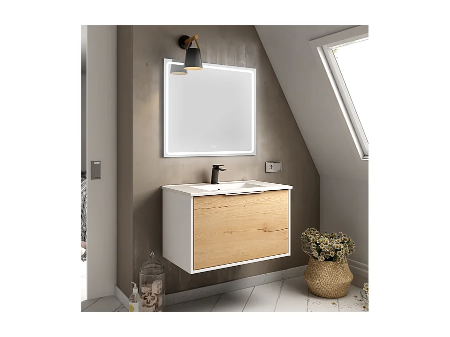 Meuble de salle de bain simple vasque - 1 façade et 2 tiroirs - ALBA et miroir VELDI - blanc-Chêne - 80cm