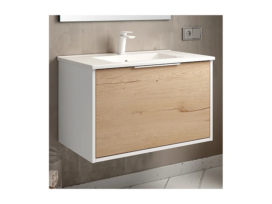 Meuble de salle de bain simple vasque - 1 façade et 2 tiroirs - ALBA et miroir VELDI - blanc-Chêne - 80cm