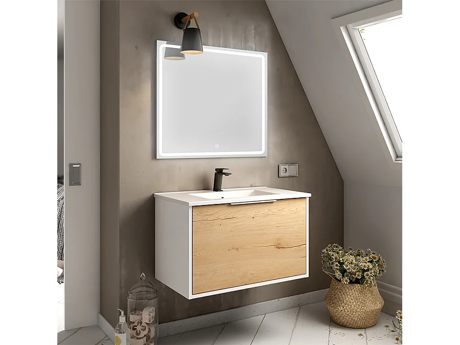 Meuble de salle de bain simple vasque - 1 façade et 2 tiroirs - ALBA et miroir VELDI - blanc-Chêne - 80cm