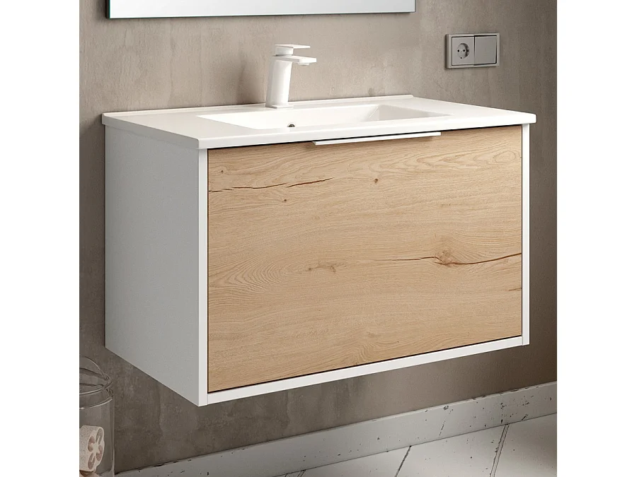 Meuble de salle de bain simple vasque - 1 façade et 2 tiroirs - ALBA et miroir VELDI - blanc-Chêne - 80cm