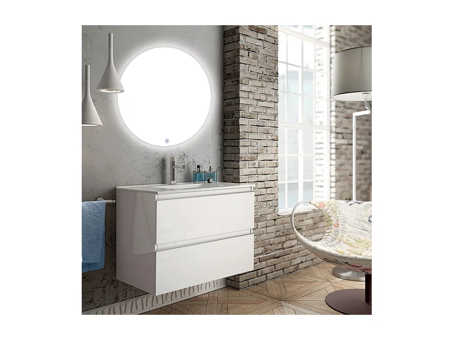 Meuble de salle de bain simple vasque - 2 tiroirs - BALEA et miroir rond Led SOLEN - blanc - 60cm