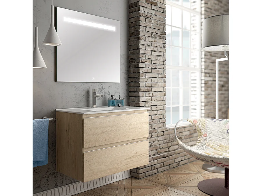 Meuble de salle de bain simple vasque - 2 tiroirs - BALEA et miroir Led STAM - bambou (chêne clair) - 70cm