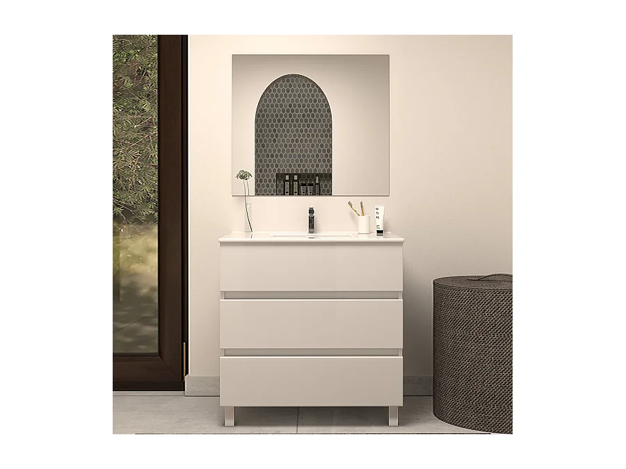 Meuble de salle de bain 60cm simple vasque - 3 tiroirs - blanc - MAYOR