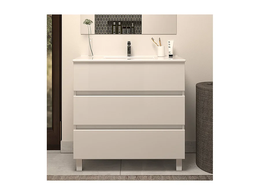 Meuble de salle de bain 60cm simple vasque - 3 tiroirs - blanc - MAYOR