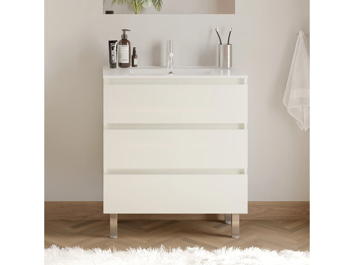 Meuble de salle de bain 60cm simple vasque - 3 tiroirs - blanc - MAYOR