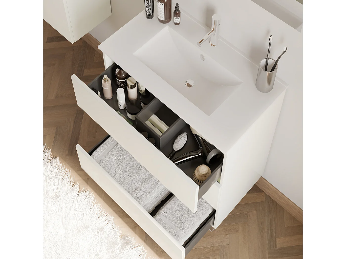 Meuble de salle de bain 60cm simple vasque - 3 tiroirs - blanc - MAYOR