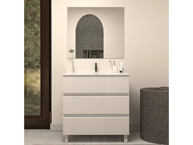 Meuble de salle de bain 60cm simple vasque - 3 tiroirs - blanc - MAYOR