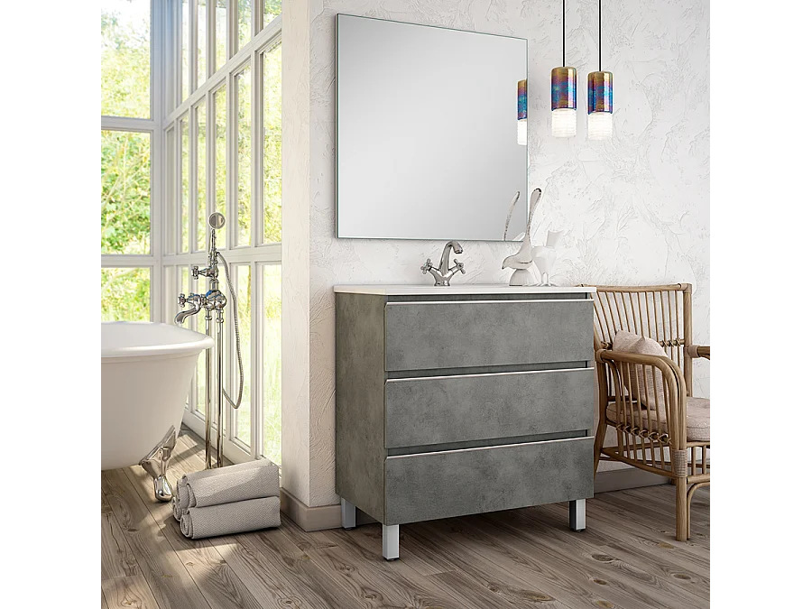 Meuble de salle de bain 70cm simple vasque - 3 tiroirs - PALMA - ciment (gris)
