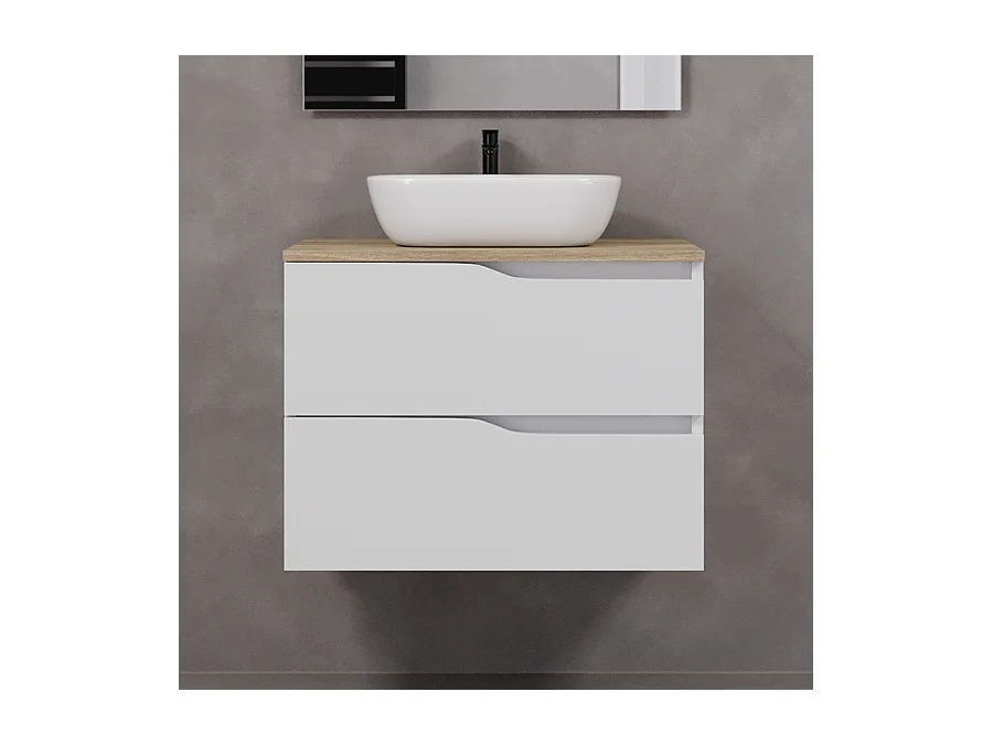 Meuble de salle de bain 60cm avec plateau miel et vasque à poser zeus - 2 tiroirs - blanc - LUNA