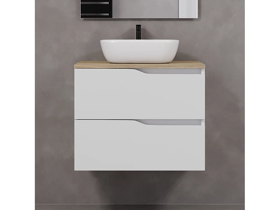 Meuble de salle de bain 60cm avec plateau miel et vasque à poser zeus - 2 tiroirs - blanc - LUNA