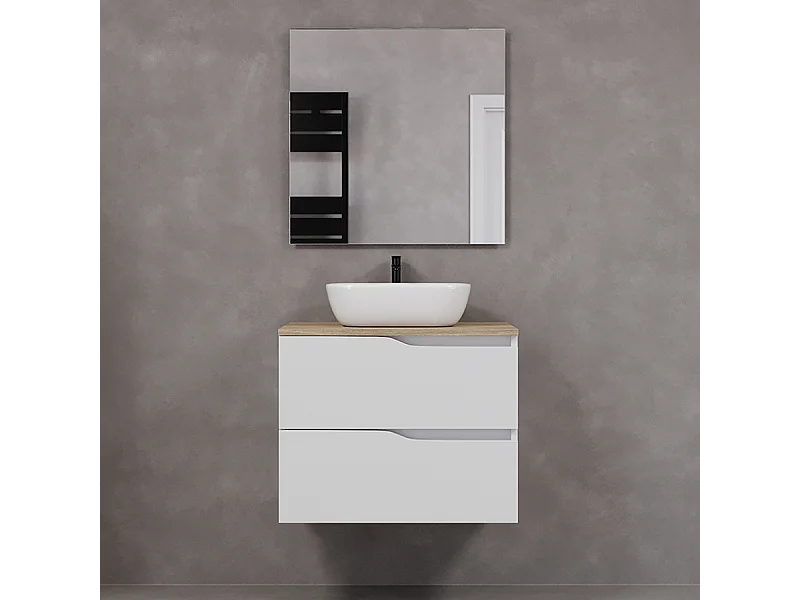 Meuble de salle de bain 60cm avec plateau miel et vasque à poser zeus - 2 tiroirs - blanc - LUNA