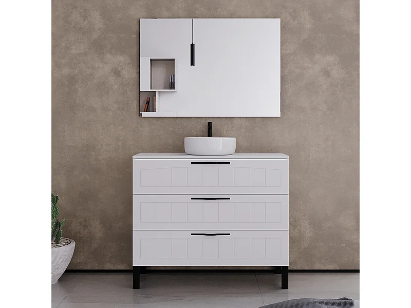 Meuble de salle de bain 90cm avec plateau et vasque à poser ronde - 3 tiroirs - blanc - CALA