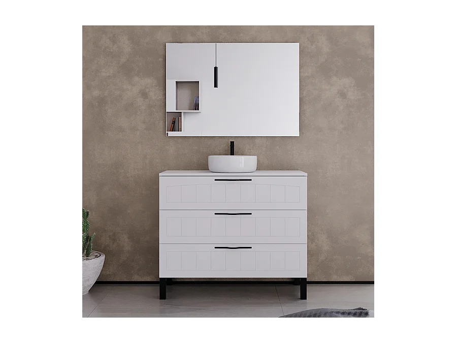 Meuble de salle de bain 90cm avec plateau et vasque à poser ronde - 3 tiroirs - blanc - CALA