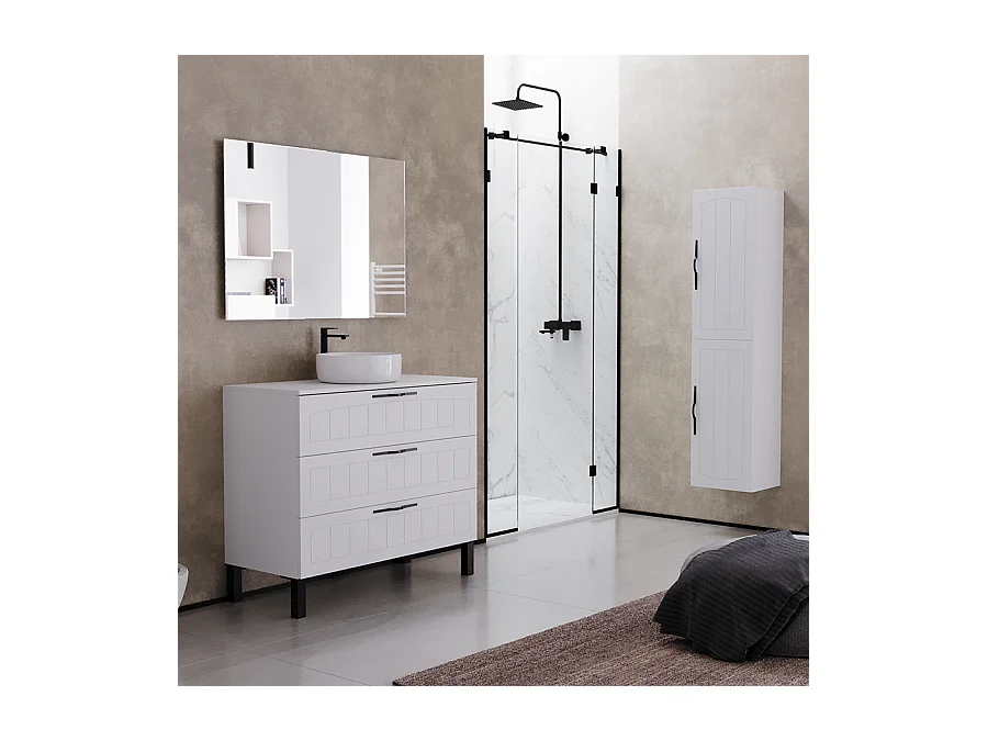 Meuble de salle de bain 90cm avec plateau et vasque à poser ronde - 3 tiroirs - blanc - CALA