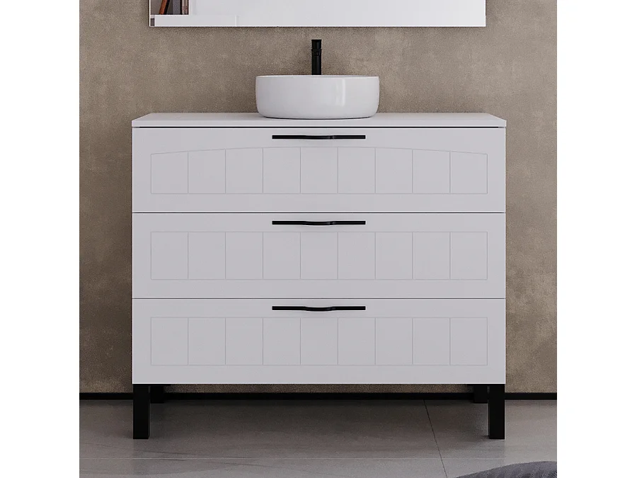 Meuble de salle de bain 90cm avec plateau et vasque à poser ronde - 3 tiroirs - blanc - CALA