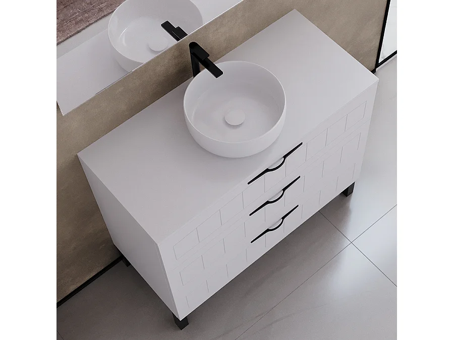 Meuble de salle de bain 90cm avec plateau et vasque à poser ronde - 3 tiroirs - blanc - CALA
