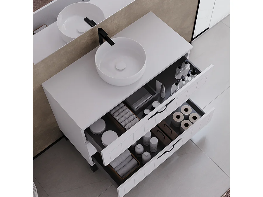 Meuble de salle de bain 90cm avec plateau et vasque à poser ronde - 3 tiroirs - blanc - CALA