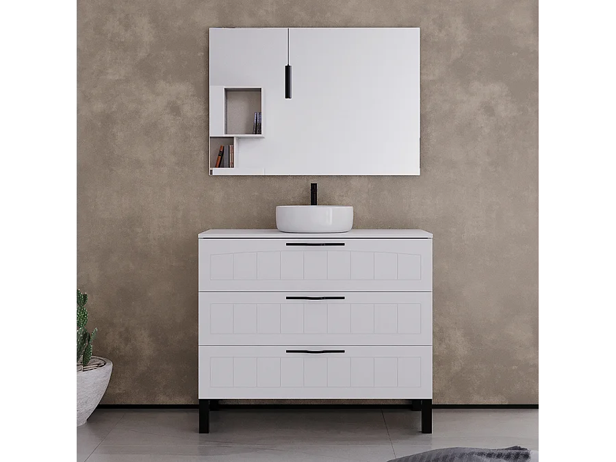 Meuble de salle de bain 90cm avec plateau et vasque à poser ronde - 3 tiroirs - blanc - CALA