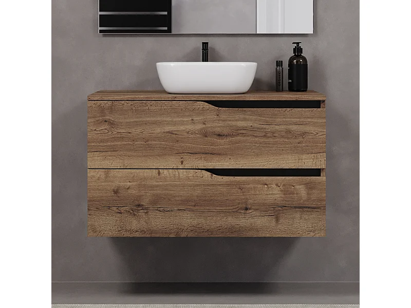 Meuble de salle de bain 90cm avec plateau et vasque à poser zeus - 2 tiroirs - sans miroir - tabaco (chêne foncé) - LUNA